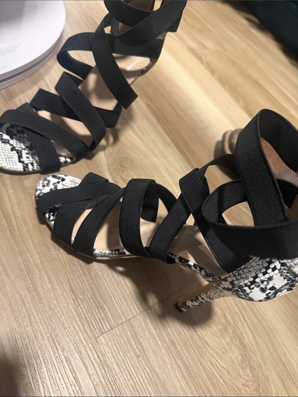 Black Strappy Snake-Print Heel Sandals